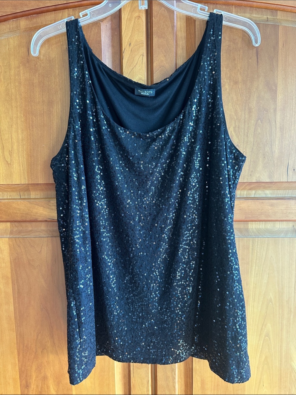 Talbots Black Sequin Lined Knit Tank EUC, XL, 20.5” PTP, 26” shoulder to hem.